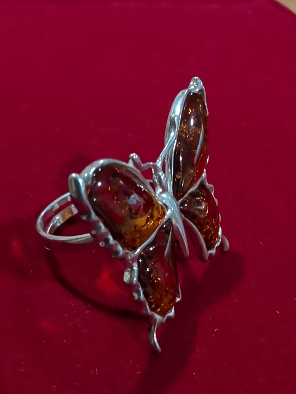 925 Sterling Silver Amber Butterfly Ring Size 8 - Picture 3 of 9